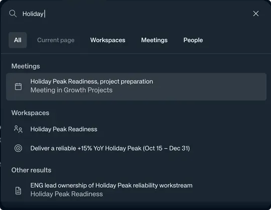 Global search palette showing grouped results for "Holiday" across meetings, workspaces, and other results