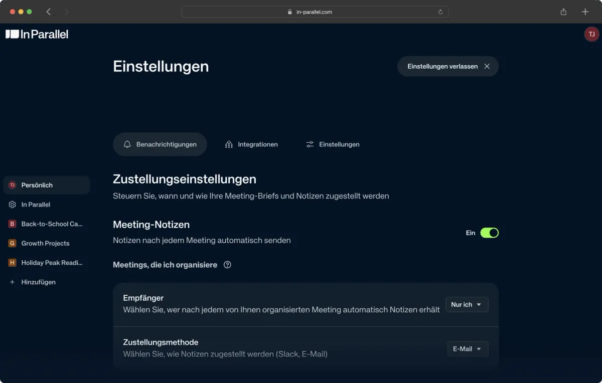 In Parallel UI in German — Settings → Personal → Language