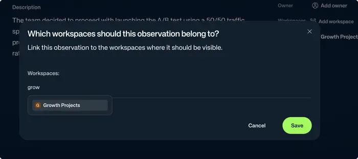 Workspace assignment modal on the observation details page