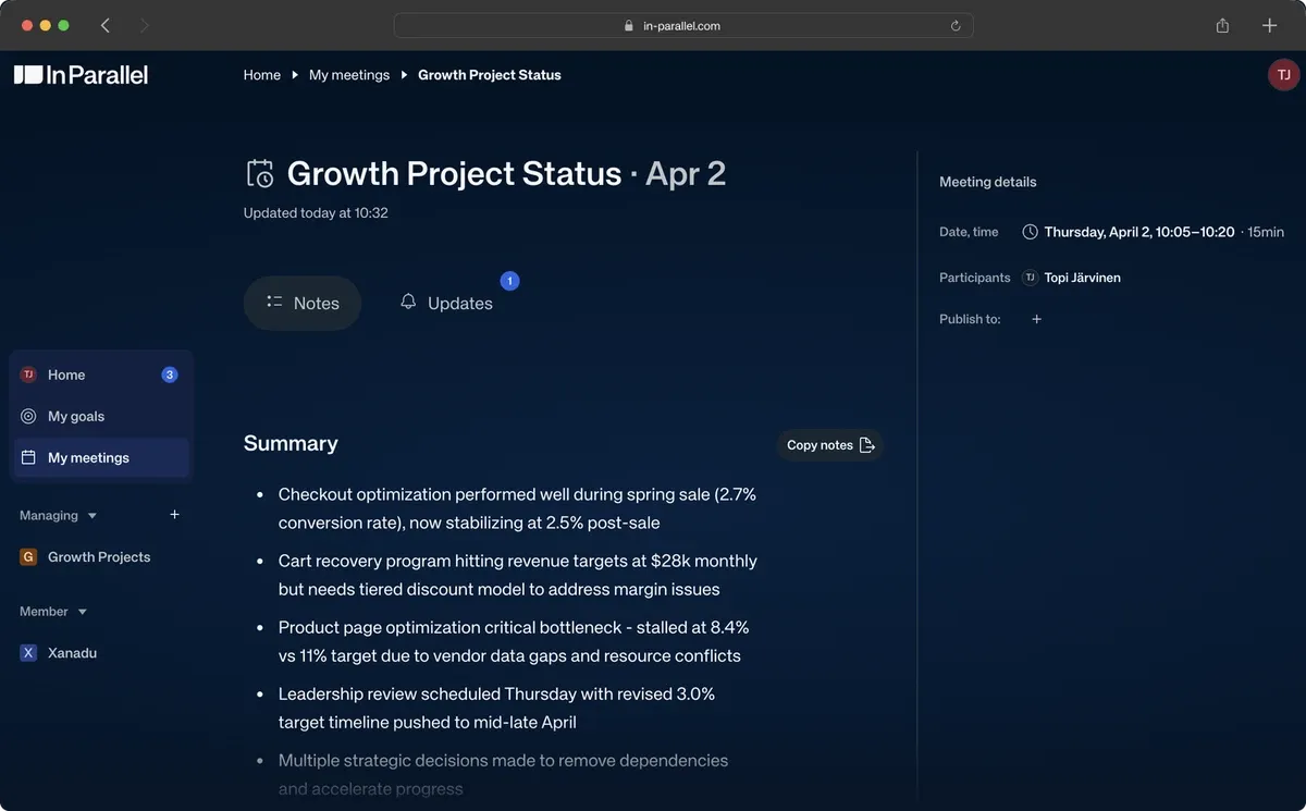 Meeting detail page with properties sidebar and summary
