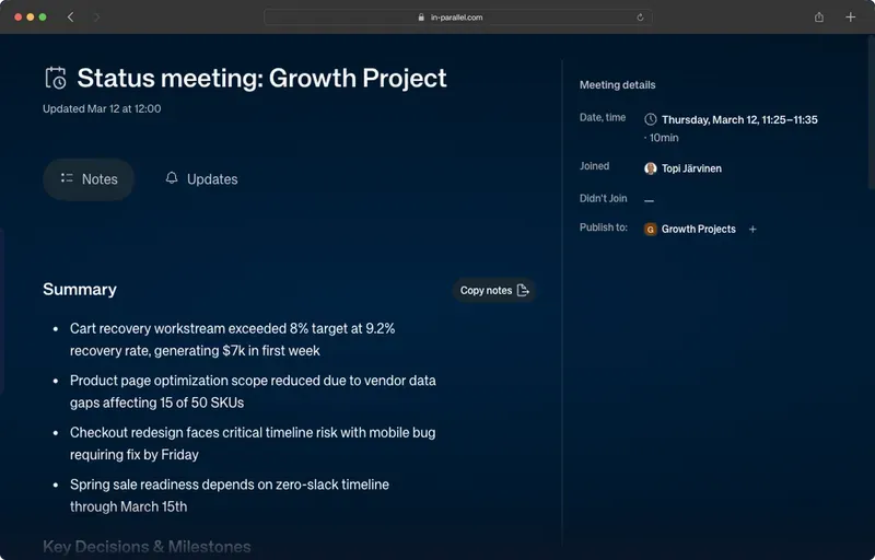 Meeting page with Copy notes button and meeting details sidebar
