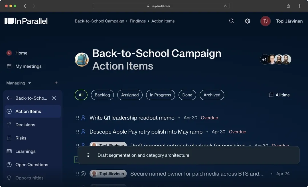 Reorder your findings by dragging them — the Action Items list