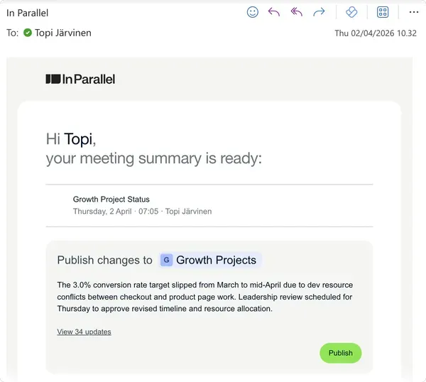 Personalized meeting report email with changelog card