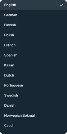 Settings → Personal → Language showing the expanded list of selectable interface languages