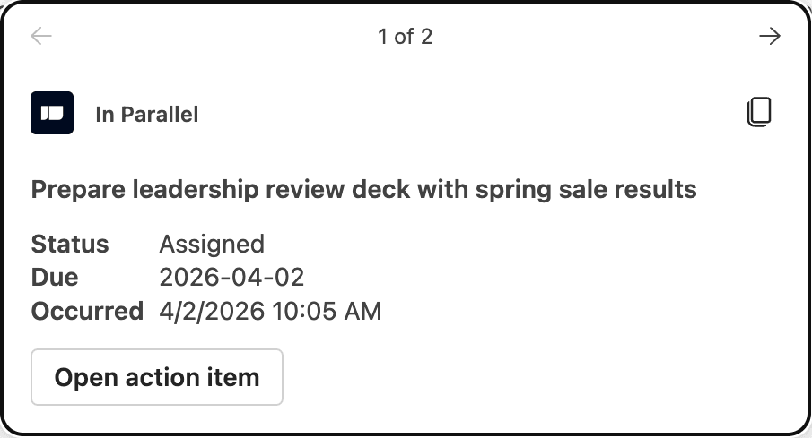 An In Parallel source card inside Microsoft Copilot showing an action item with its status, due date and an Open action item button