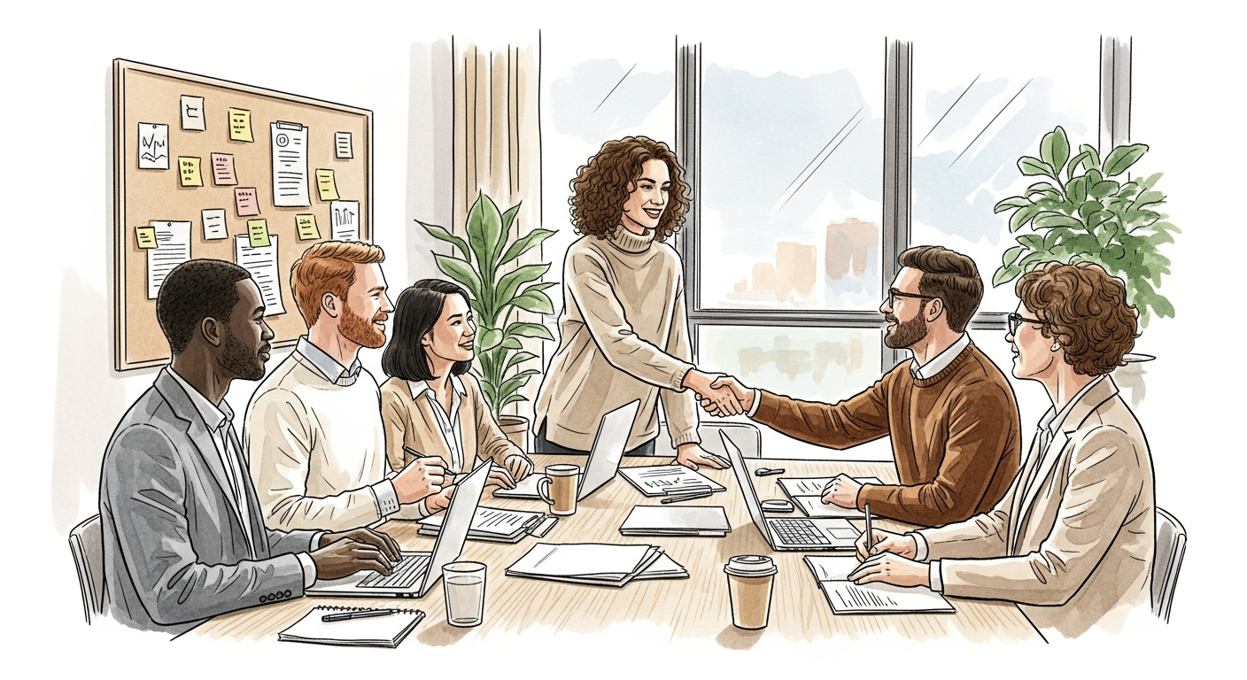 Diverse team gathered around a conference table in a modern office