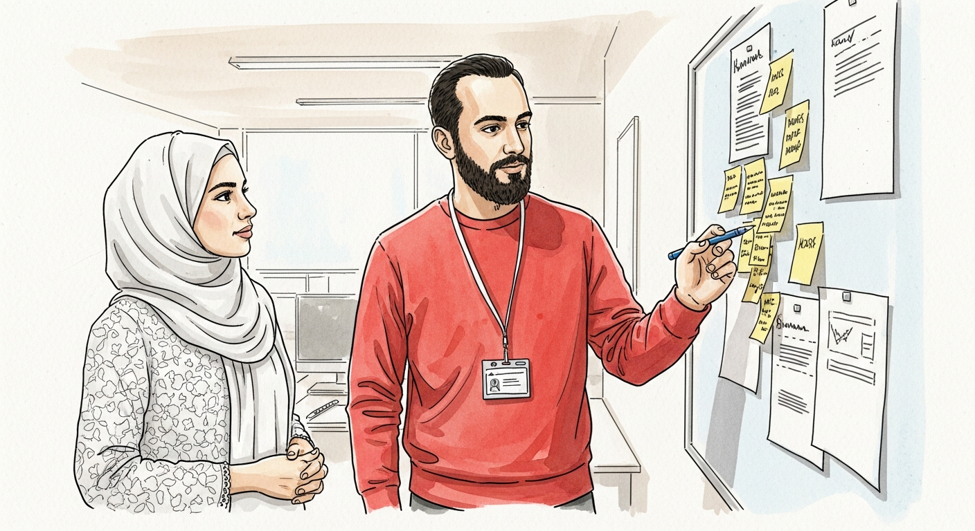 Two colleagues reviewing sticky notes and plans on a wall